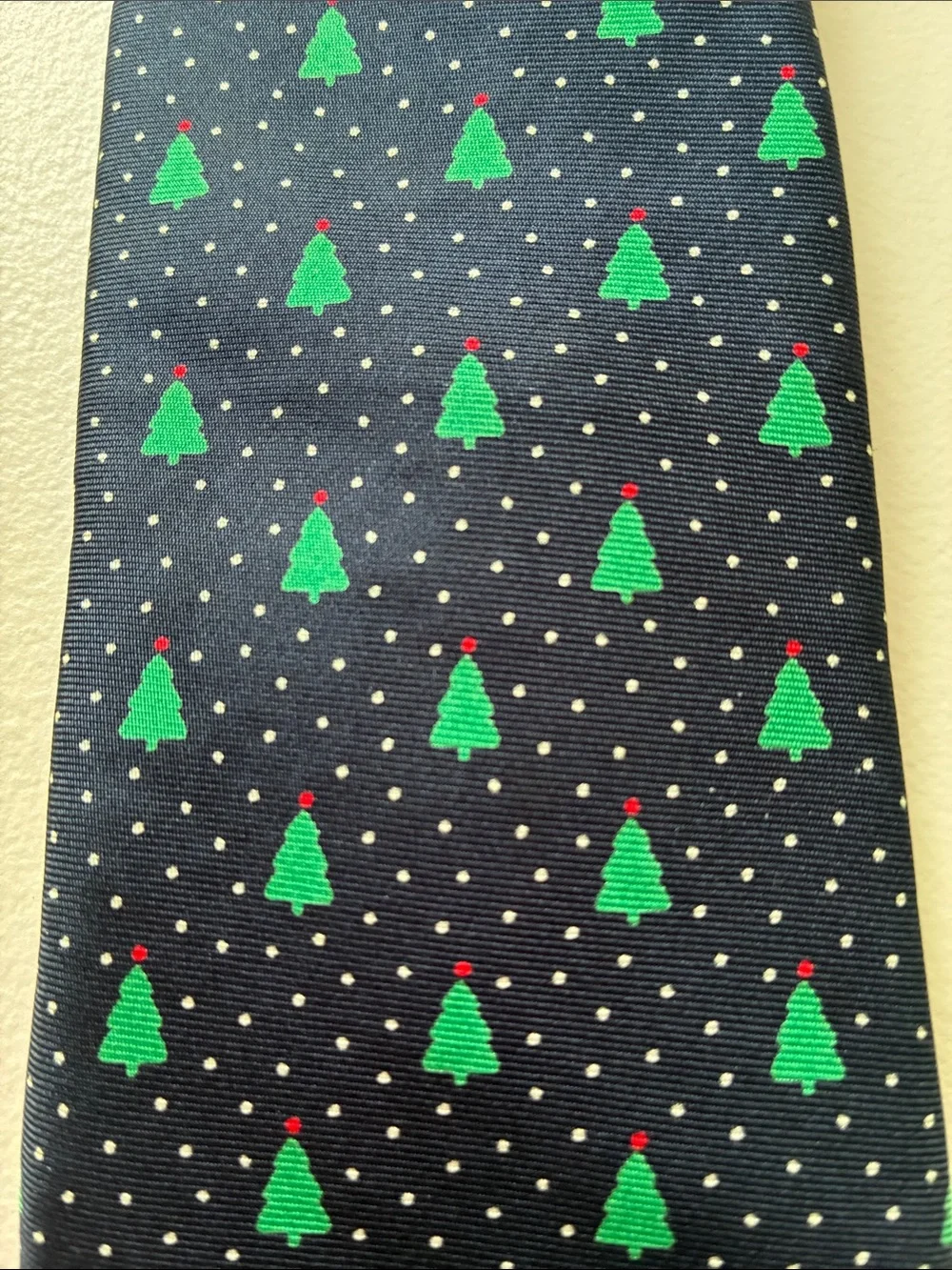 Vintage Horchow Navy Tie with Green Christmas Tree Pattern 100% Silk